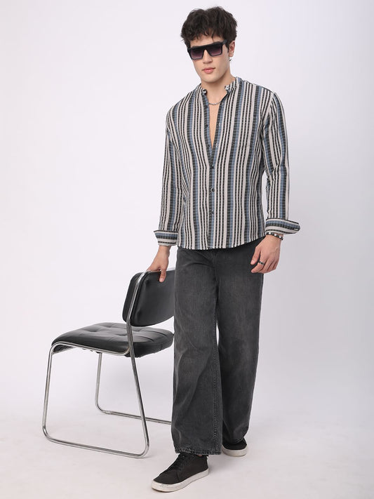Refined Lozenge Black Striped Mandarin Shirt