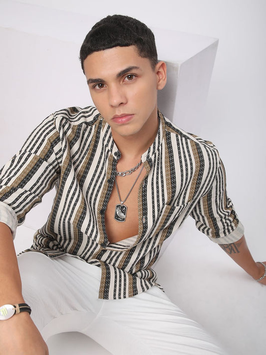 Multicolour Striped Mandarin Collar Shirt