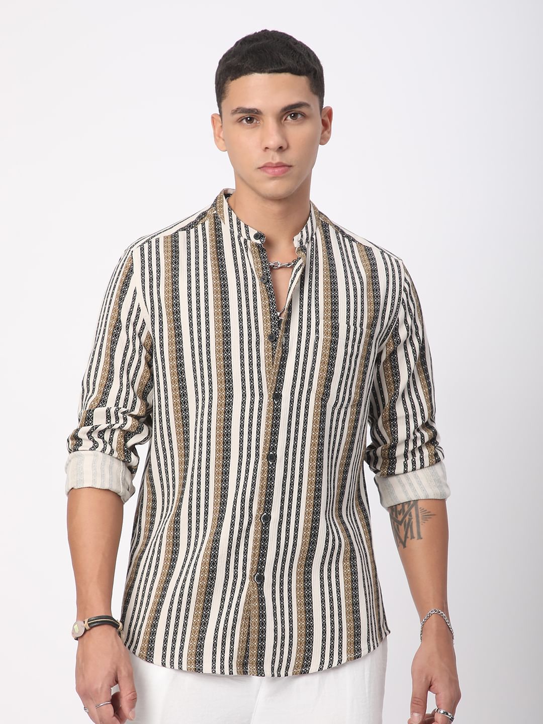 Multicolour Striped Mandarin Collar Shirt