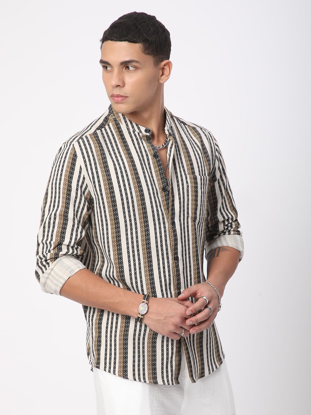 Multicolour Striped Mandarin Collar Shirt