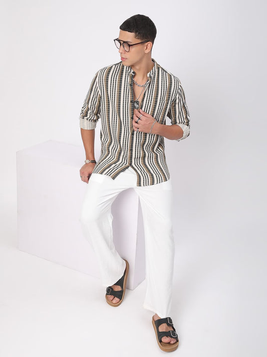 Multicolour Striped Mandarin Collar Shirt