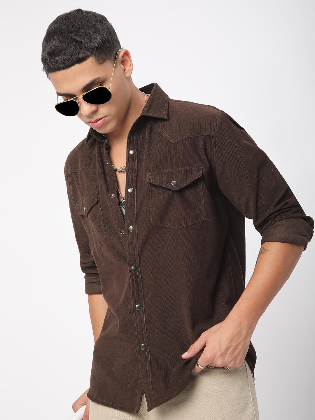 Finesse Umber Brown Double Flap Pocket Corduroy Overshirt