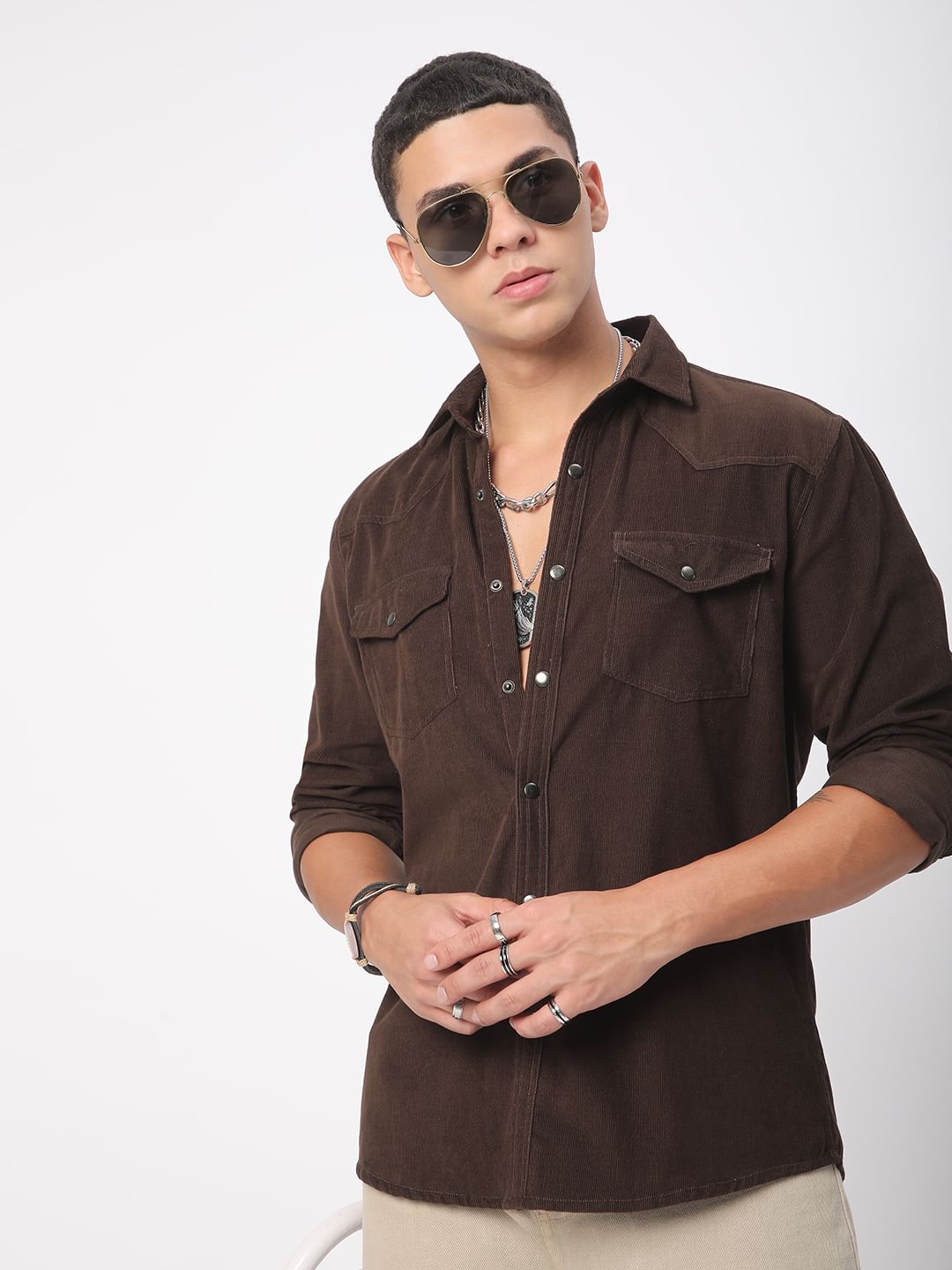 Finesse Umber Brown Double Flap Pocket Corduroy Overshirt