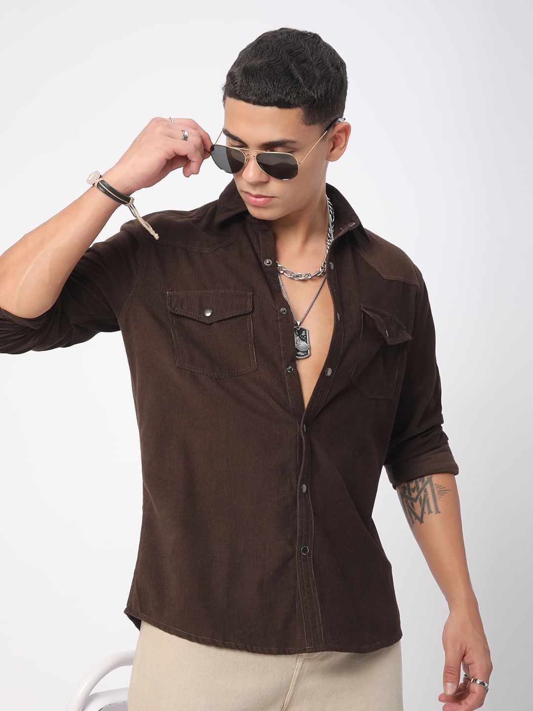 Finesse Umber Brown Double Flap Pocket Corduroy Overshirt