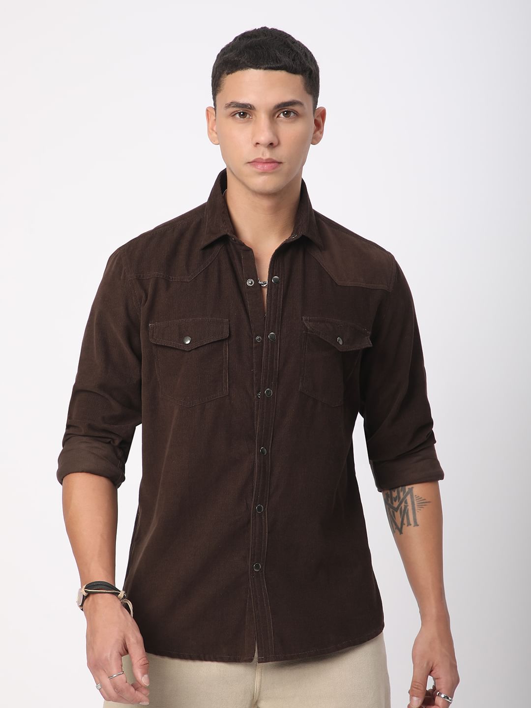 Finesse Umber Brown Double Flap Pocket Corduroy Overshirt