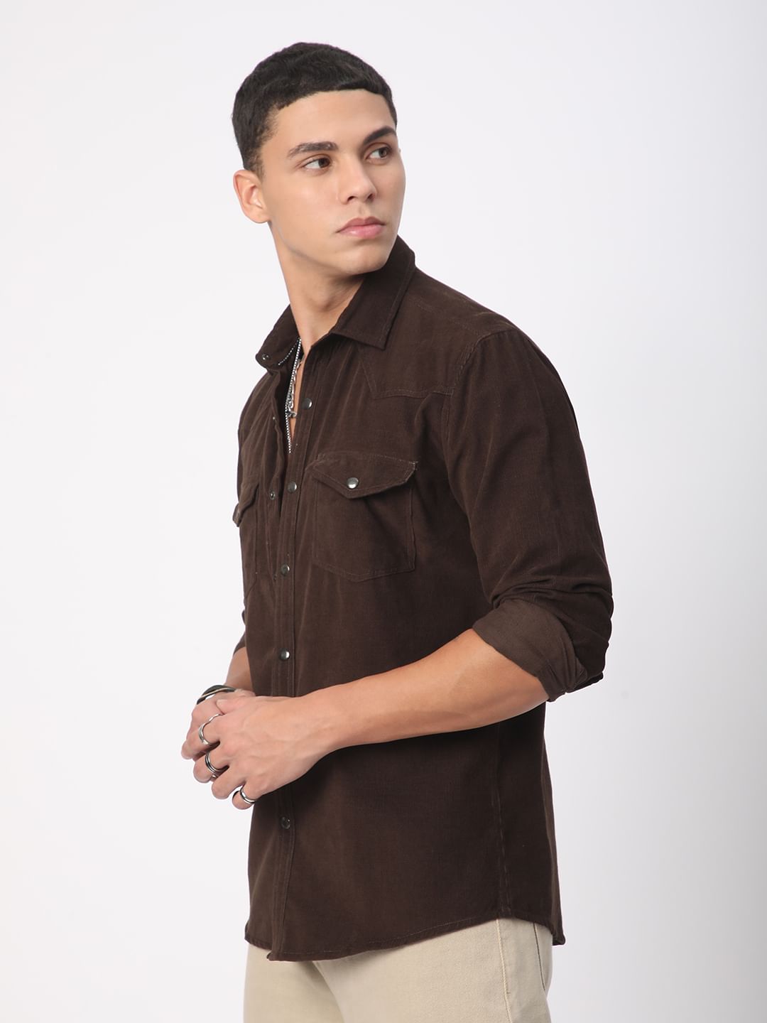 Finesse Umber Brown Double Flap Pocket Corduroy Overshirt