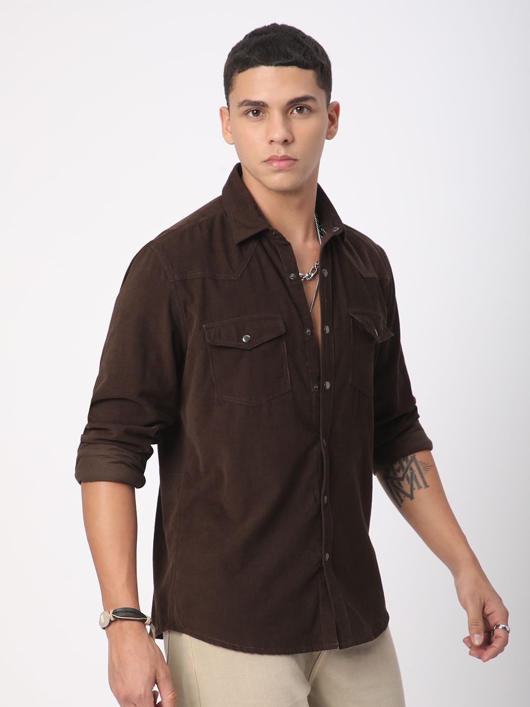 Finesse Umber Brown Double Flap Pocket Corduroy Overshirt