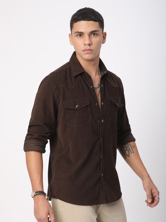 Finesse Umber Brown Double Flap Pocket Corduroy Overshirt