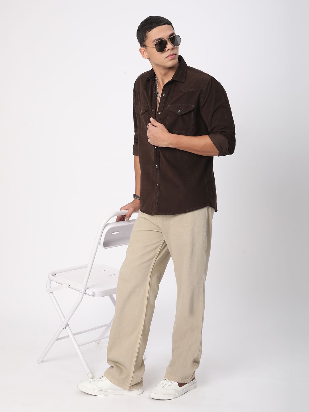 Finesse Umber Brown Double Flap Pocket Corduroy Overshirt