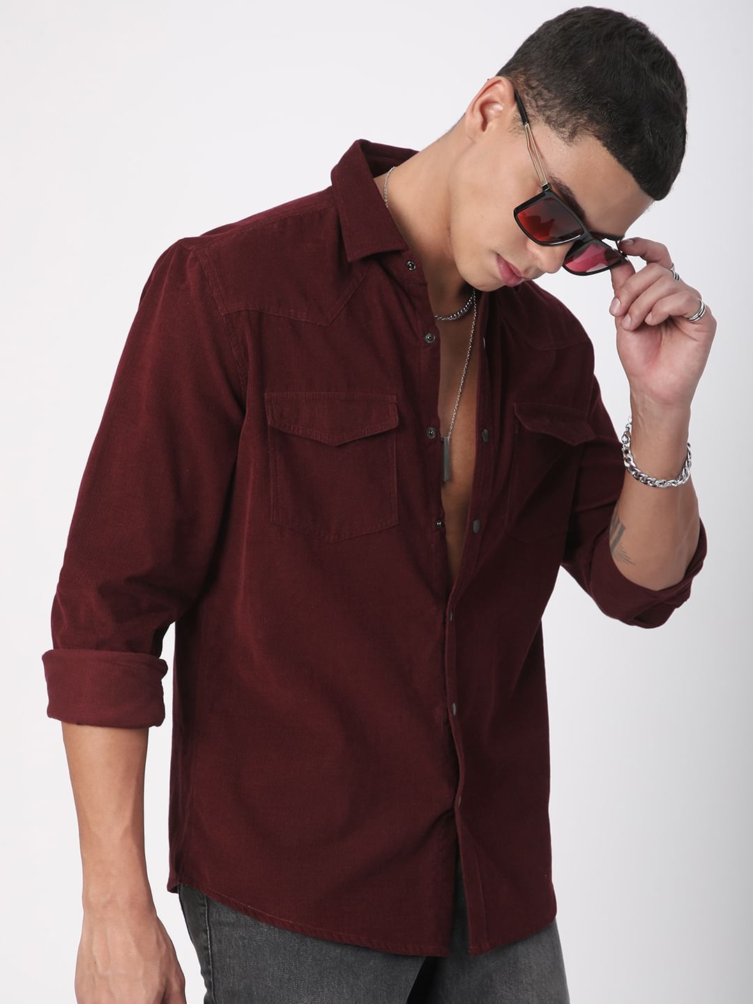 Aesthetic Maroon Double Flap Pocket Corduroy Overshirt