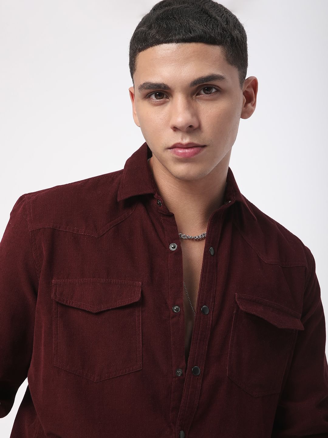 Aesthetic Maroon Double Flap Pocket Corduroy Overshirt