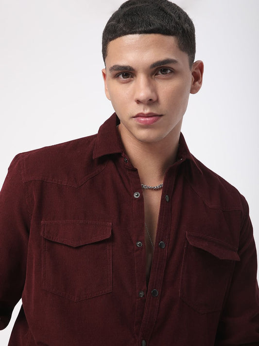 Aesthetic Maroon Double Flap Pocket Corduroy Overshirt