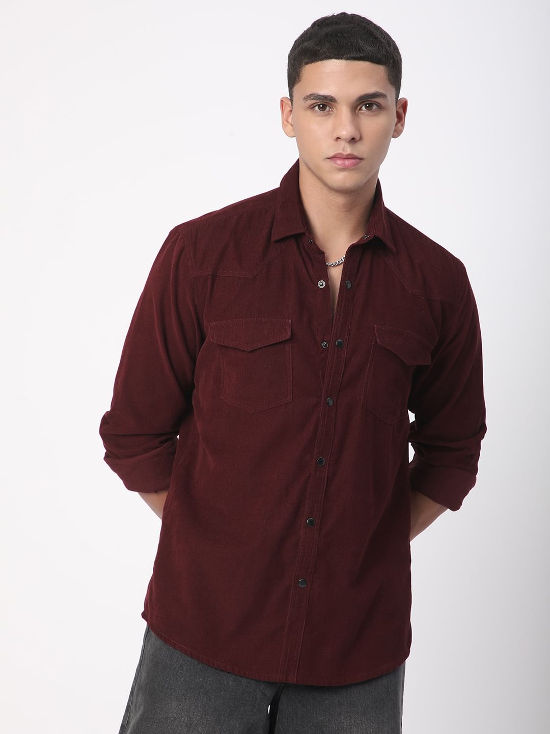 Aesthetic Maroon Double Flap Pocket Corduroy Overshirt