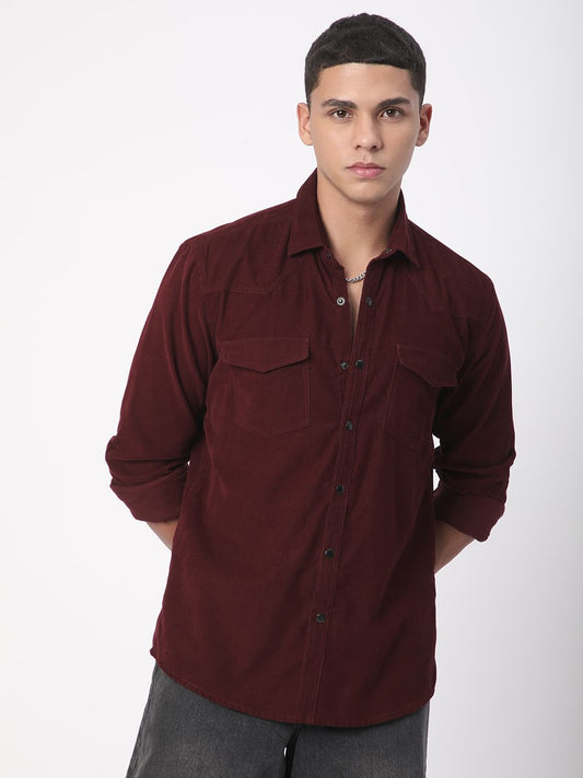 Aesthetic Maroon Double Flap Pocket Corduroy Overshirt