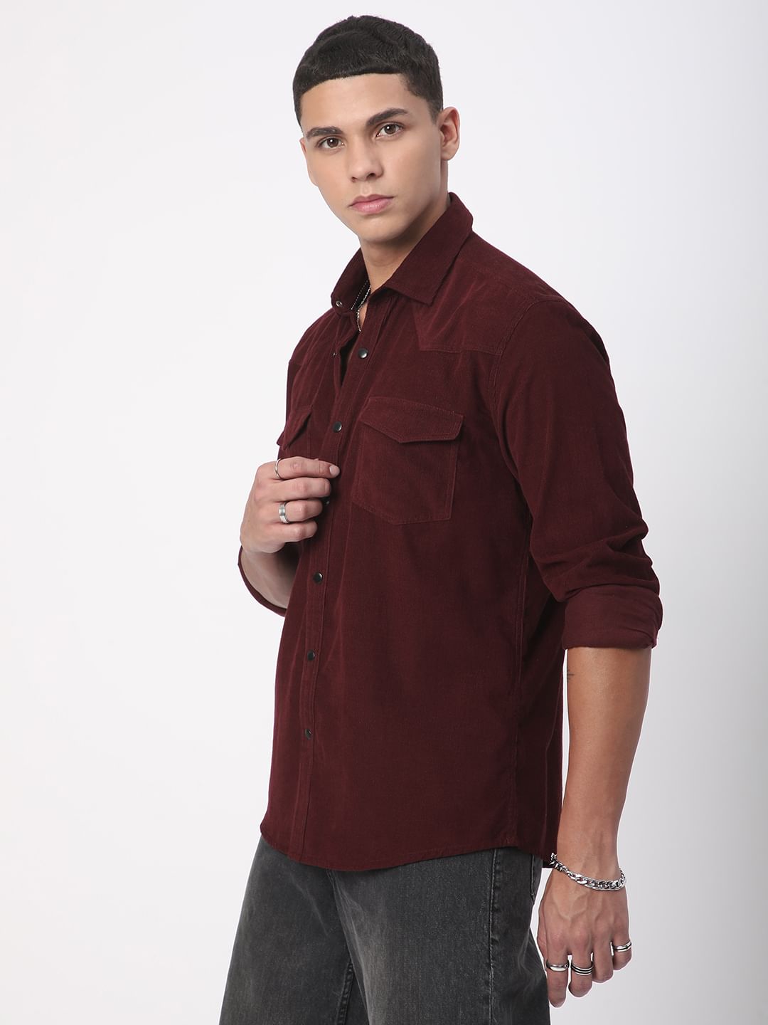 Aesthetic Maroon Double Flap Pocket Corduroy Overshirt