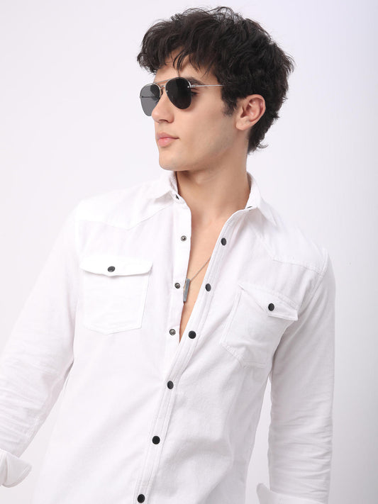 Timeless White Double Flap Pocket Corduroy Overshirt