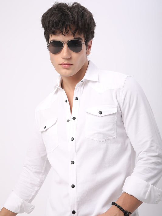 Timeless White Double Flap Pocket Corduroy Overshirt