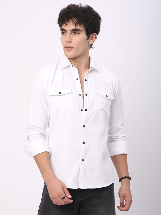 Timeless White Double Flap Pocket Corduroy Overshirt