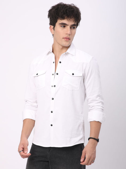 Timeless White Double Flap Pocket Corduroy Overshirt