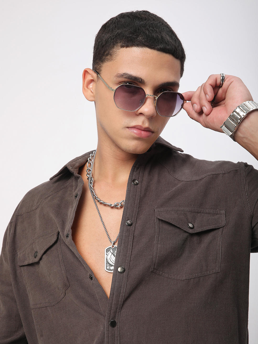 Shadow Grey Double Flap Pocket Corduroy Overshirt