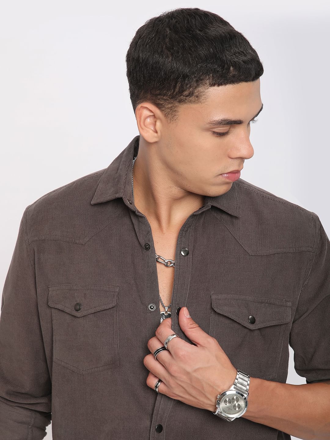 Shadow Grey Double Flap Pocket Corduroy Overshirt