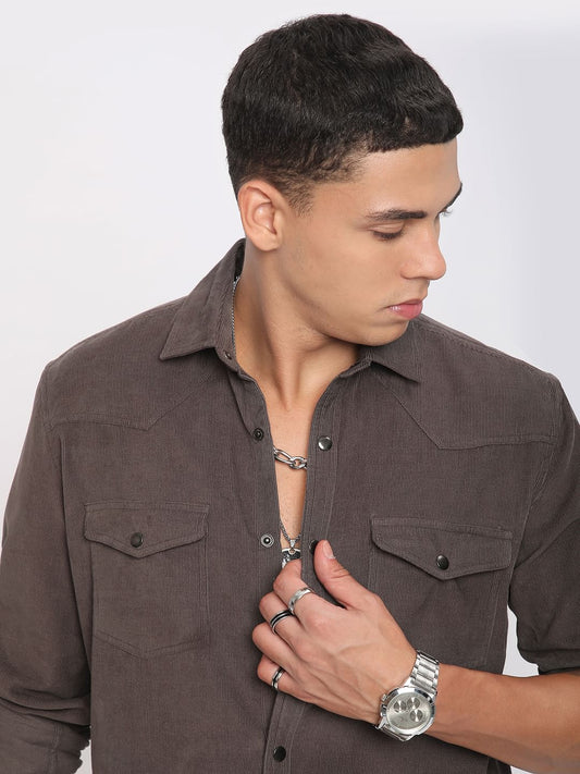 Shadow Grey Double Flap Pocket Corduroy Overshirt