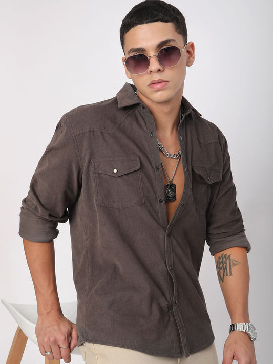 Shadow Grey Double Flap Pocket Corduroy Overshirt