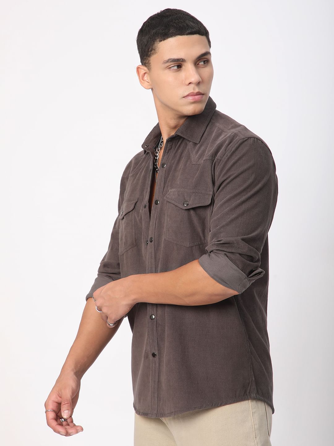 Shadow Grey Double Flap Pocket Corduroy Overshirt