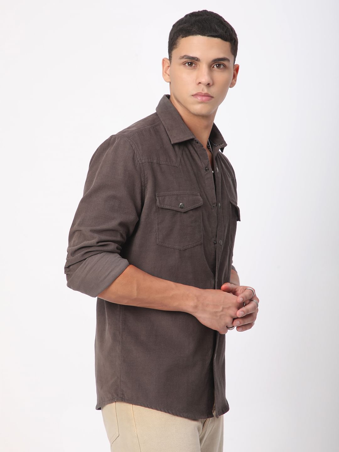 Shadow Grey Double Flap Pocket Corduroy Overshirt