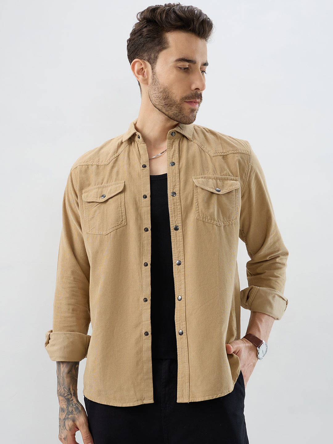 Voguish Camel Beige Double Pocket Corduroy Overshirt
