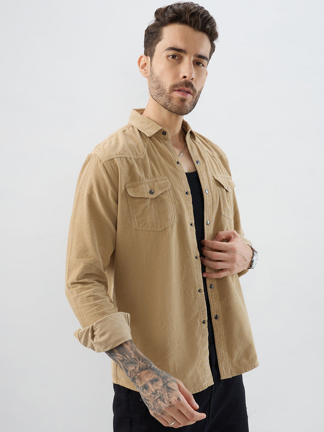 Voguish Camel Beige Double Pocket Corduroy Overshirt