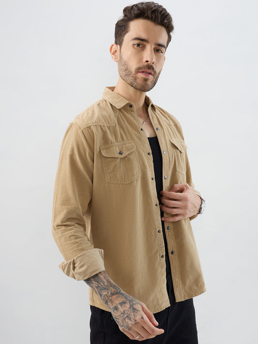 Voguish Camel Beige Double Pocket Corduroy Overshirt