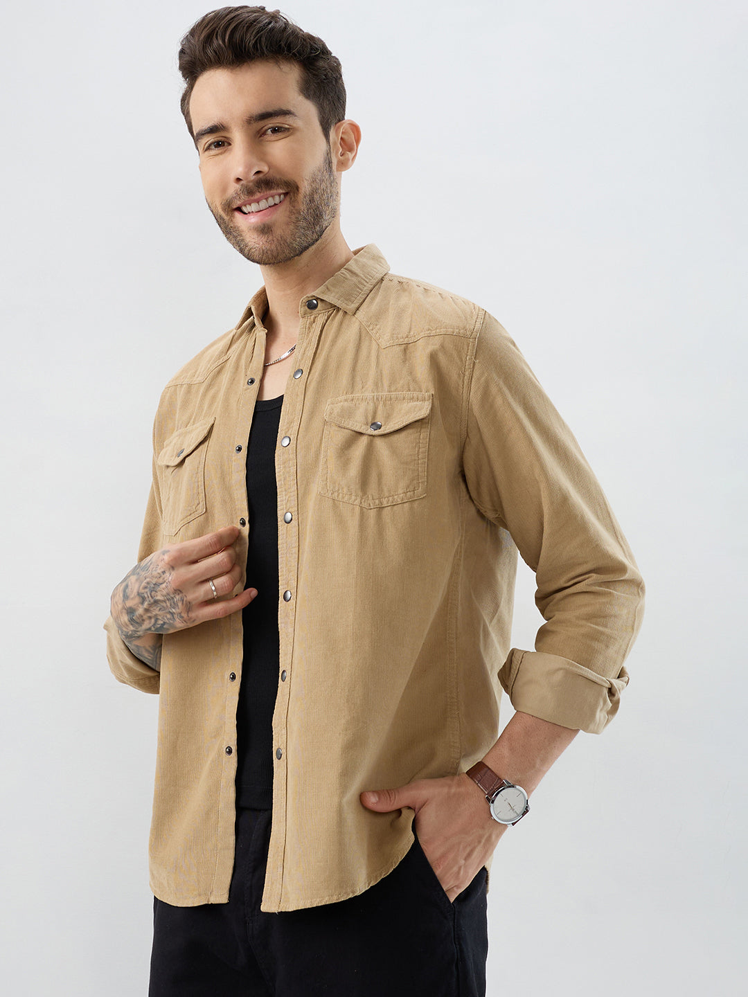 Voguish Camel Beige Double Pocket Corduroy Overshirt