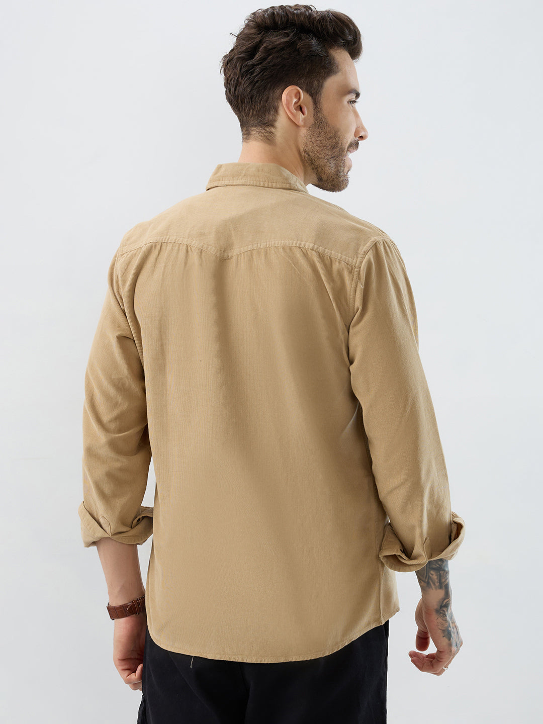Voguish Camel Beige Double Pocket Corduroy Overshirt