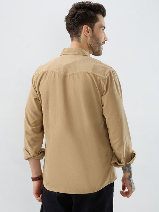 Voguish Camel Beige Double Pocket Corduroy Overshirt