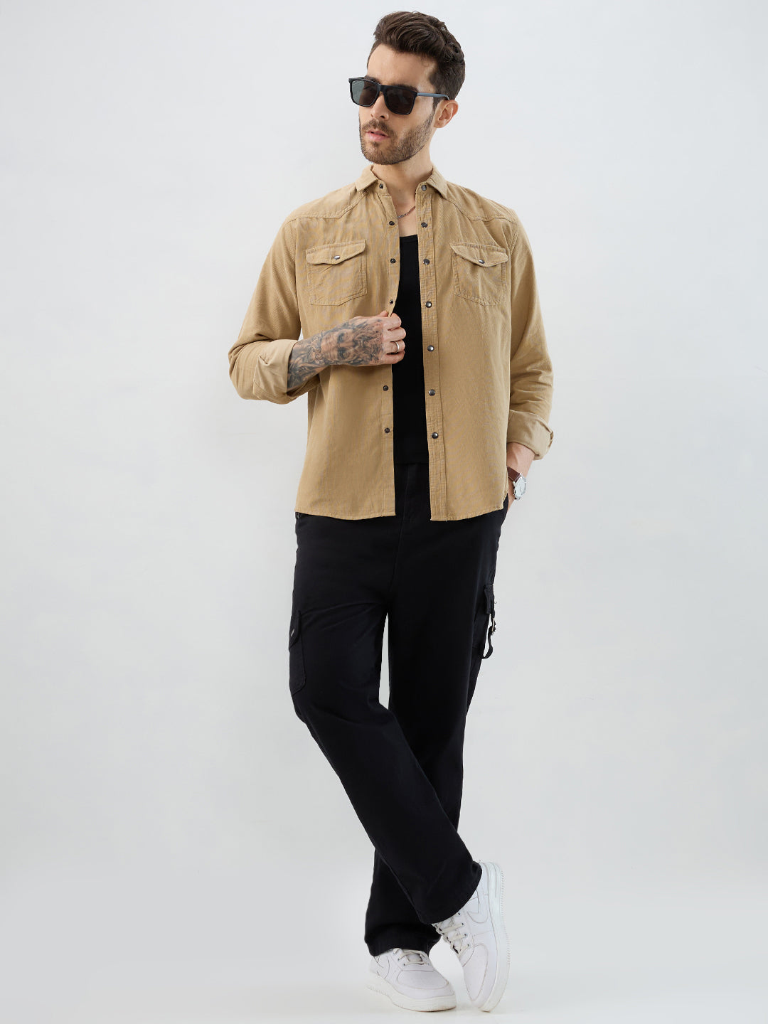 Voguish Camel Beige Double Pocket Corduroy Overshirt