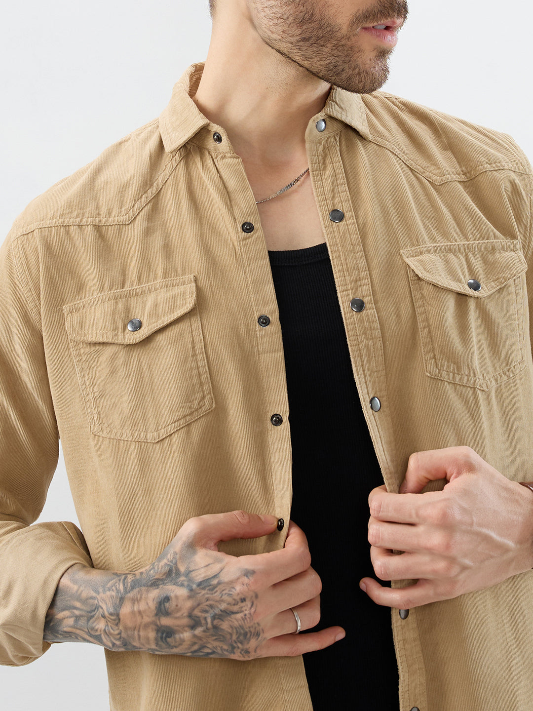 Voguish Camel Beige Double Pocket Corduroy Overshirt