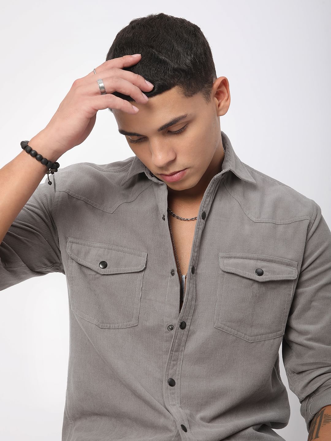 Voguish Fossil Grey Double Pocket Corduroy Overshirt