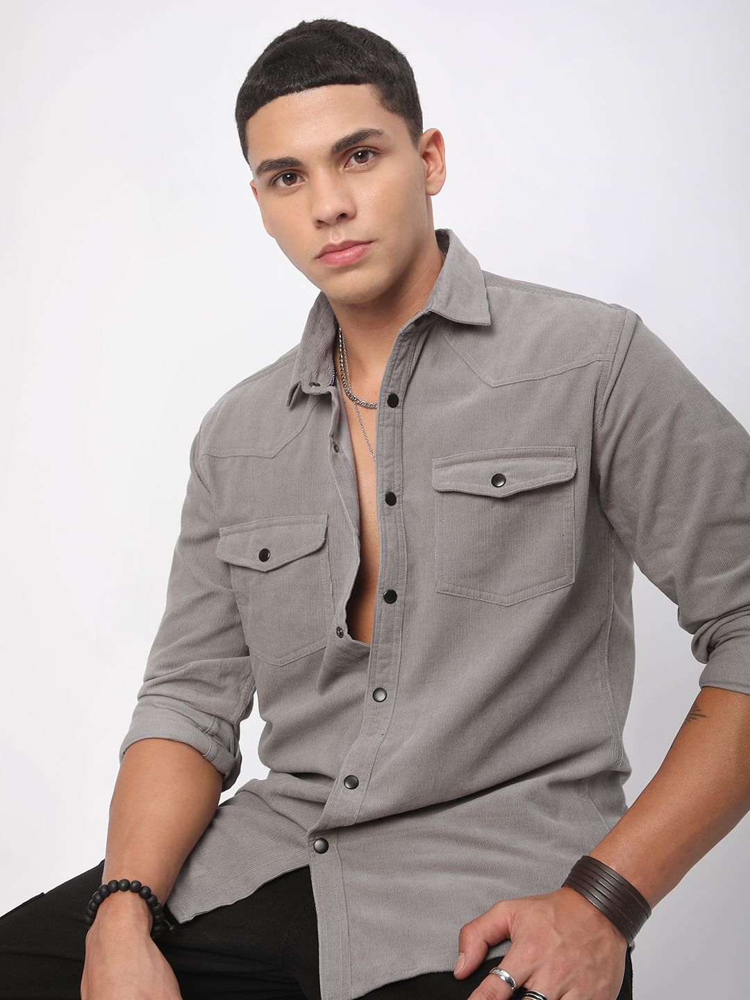 Voguish Fossil Grey Double Pocket Corduroy Overshirt