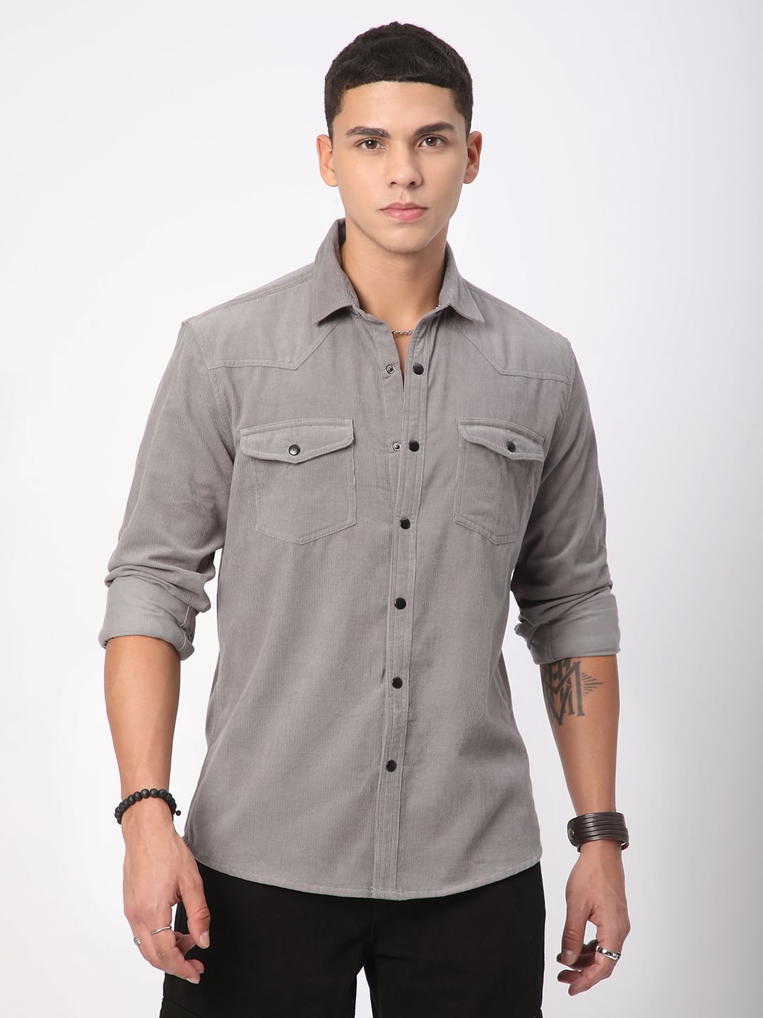 Voguish Fossil Grey Double Pocket Corduroy Overshirt