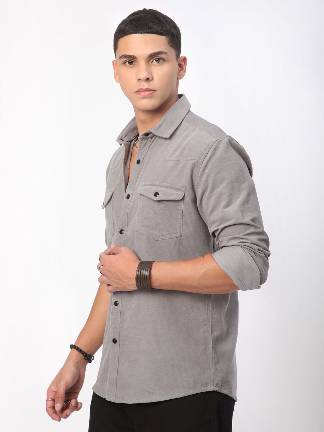 Voguish Fossil Grey Double Pocket Corduroy Overshirt