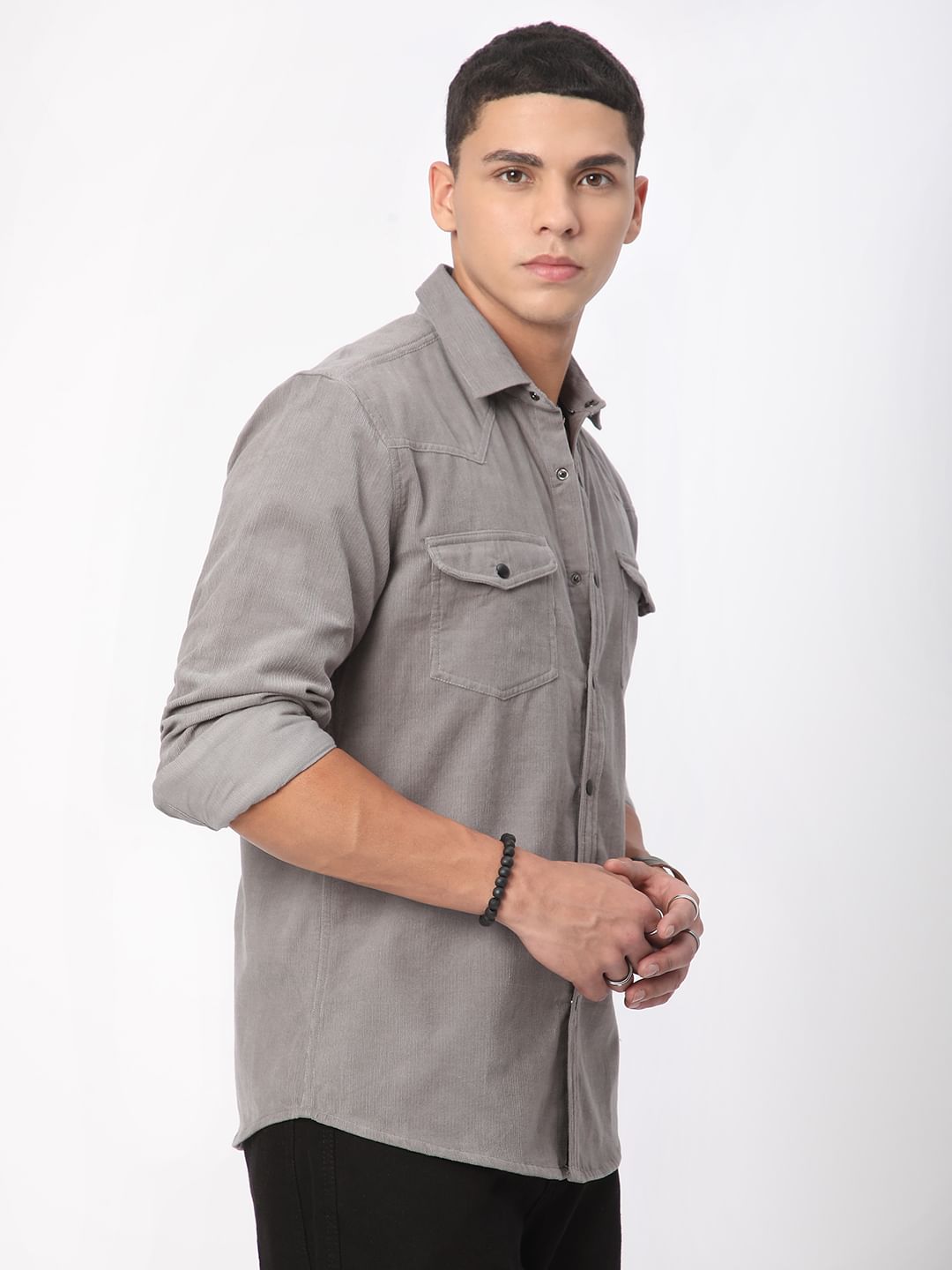 Voguish Fossil Grey Double Pocket Corduroy Overshirt