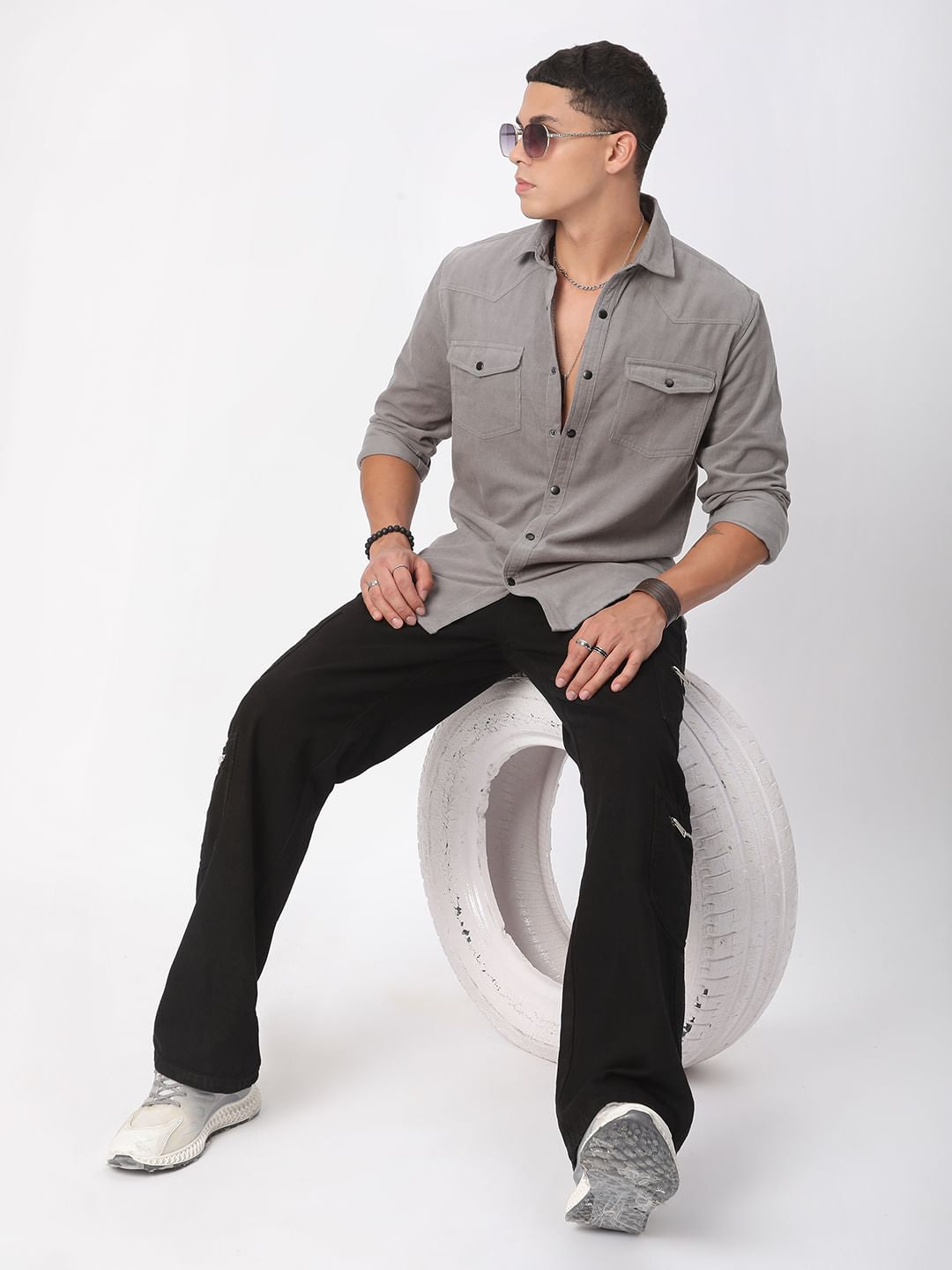 Voguish Fossil Grey Double Pocket Corduroy Overshirt