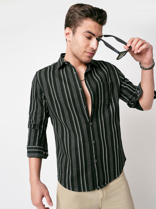 Premium Cotton Olive Pencil Striped Waffle Shirt