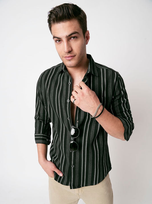 Premium Cotton Olive Pencil Striped Waffle Shirt