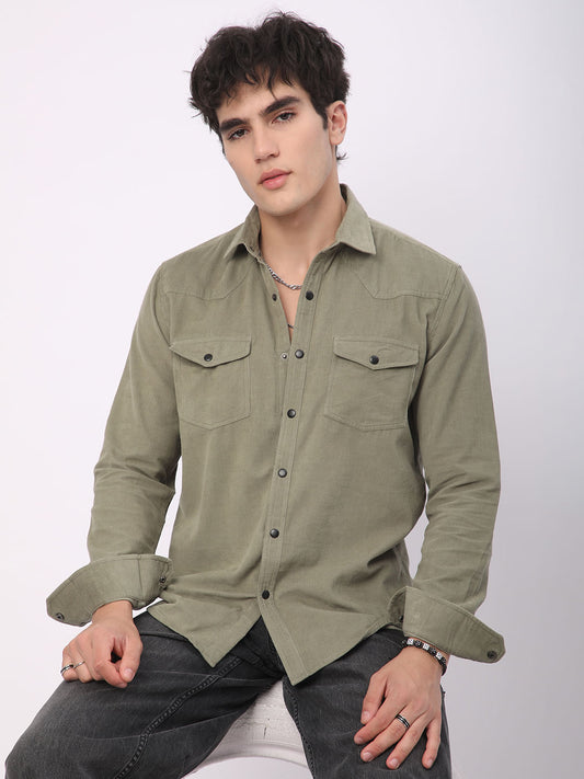 Timeless Olive Double Flap Pocket Corduroy Overshirt