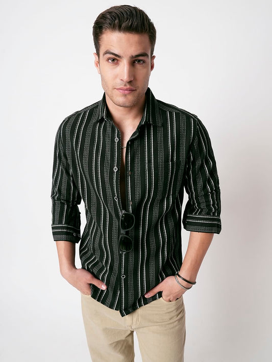 Premium Cotton Olive Pencil Striped Waffle Shirt