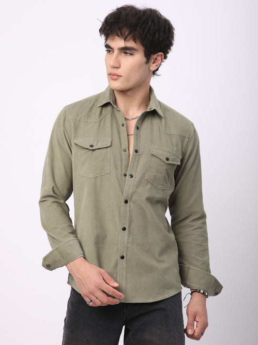 Timeless Olive Double Flap Pocket Corduroy Overshirt