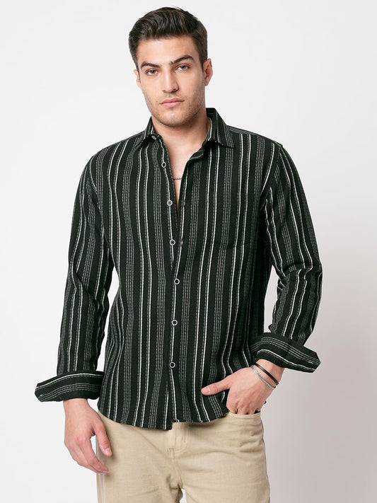 Premium Cotton Olive Pencil Striped Waffle Shirt
