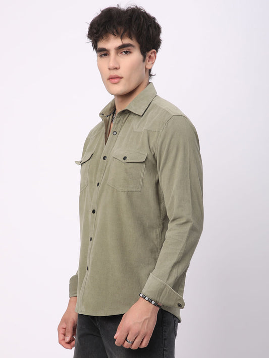 Timeless Olive Double Flap Pocket Corduroy Overshirt